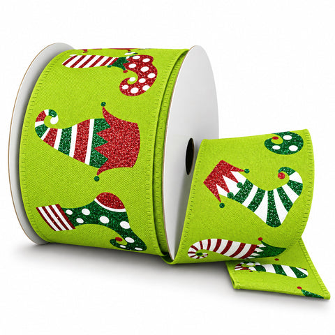 Glitter Elf Hats & Socks Christmas Wired Ribbon, 2-1/2-inch, 10-yard