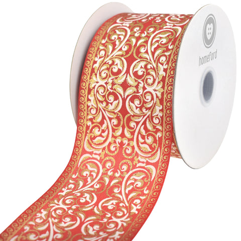 Christmas Metallic Ornate Damask Print Wired Ribbon, 10-yard