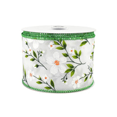 Spring Flax Flowers Wired Ribbon, 2-1/2-inch, White/Green, 10-yard
