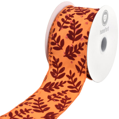 Glittered Fall Ferns Satin Wired Ribbon, 10-yard