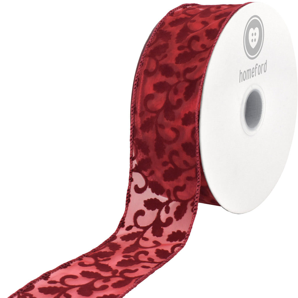 Christmas Sheer Organza Flocked Leaf Swirls Wired Ribbon, 50-yard