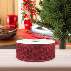 Christmas Sheer Organza Flocked Leaf Swirls Wired Ribbon, 50-yard