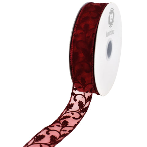 Christmas Sheer Organza Flocked Leaf Swirls Wired Ribbon, 1-1/2-inch, 50-yard