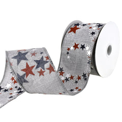 Patriotic Star Bursts Faux Linen Wired Ribbon, 2-1/2-inch, 10-yard