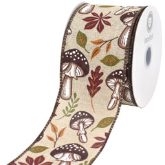 Fall Leaves Mushrooms Faux Linen Wired Ribbon, 2-1/2-inch, 10-yard