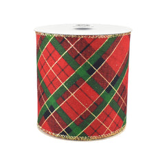 Christmas Glittered Diagonal Plaid Wired Ribbon, 10-yard