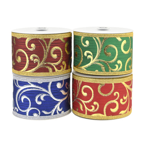 Christmas Metallic Embossed Swirls Wired Ribbon, 10-yard