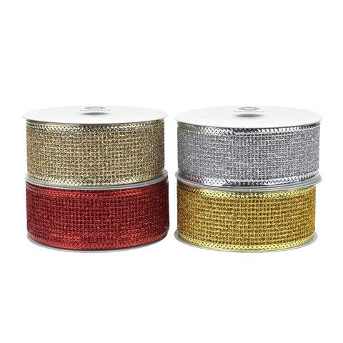 Christmas Glittered Net Metallic Edge Wired Ribbon, 1-1/2-inch, 10-yard