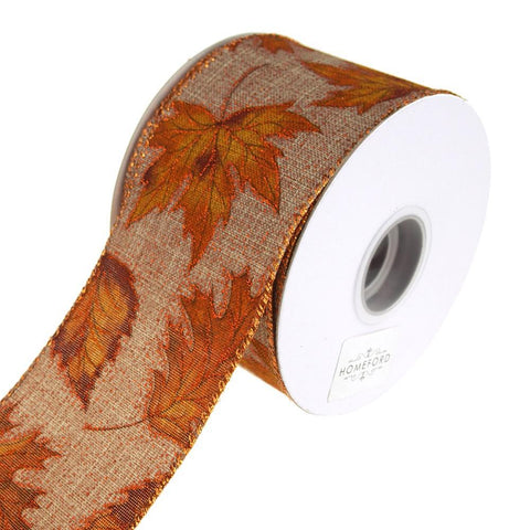 Copper Leaves with Glitter Outline Linen Wired Autumn Fall Ribbon, 2-1/2-Inch, 10 Yards