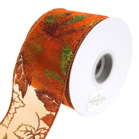 Glitter Leaves Sheer Organza Wired Autumn Fall Ribbon, Orange, 2-1/2-Inch, 10 Yards