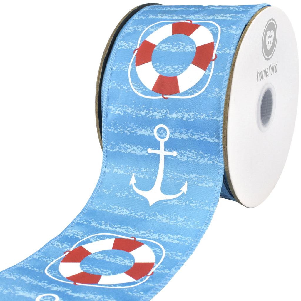 Summer Anchors Life Preservers Satin Wired Ribbon, 2-1/2-inch, 10-yard