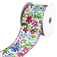 Watercolor Flowers Faux Linen Wired Ribbon, 10-yard