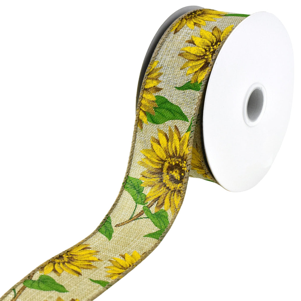 Sunflowers Faux Linen Wired Ribbon, 10-yard