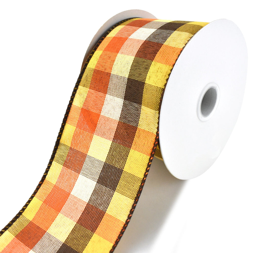 Square Plaid Wired Autumn Fall Ribbon, Orange/Brown/Yellow/Cream, 2-1/2-Inch, 10-Yard