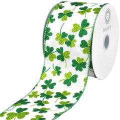 St. Patrick's Glittered Shamrocks Wired Ribbon, 10-yard
