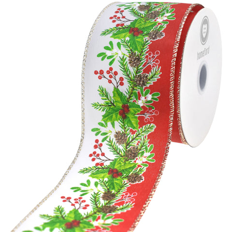 Christmas Pinecone Mistletoe Stripe Wired Ribbon, 10-yard