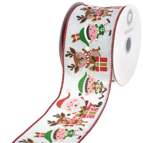 Christmas Waving Santa Elf and Reindeer Wired Ribbon, 2-1/2-inch, 10-yard