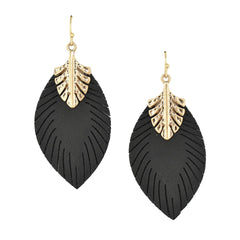 Leather Leaf Shaped Drop Earrings, 2-1/4-Inch