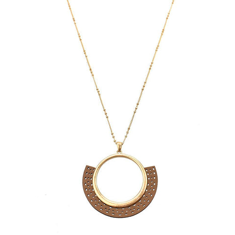 Leather Filigree Fan Shaped Pendant Necklace, 30-Inch