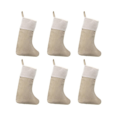 Natural Plain Linen Christmas Stockings with White Cuff, 16-inch, 6-count