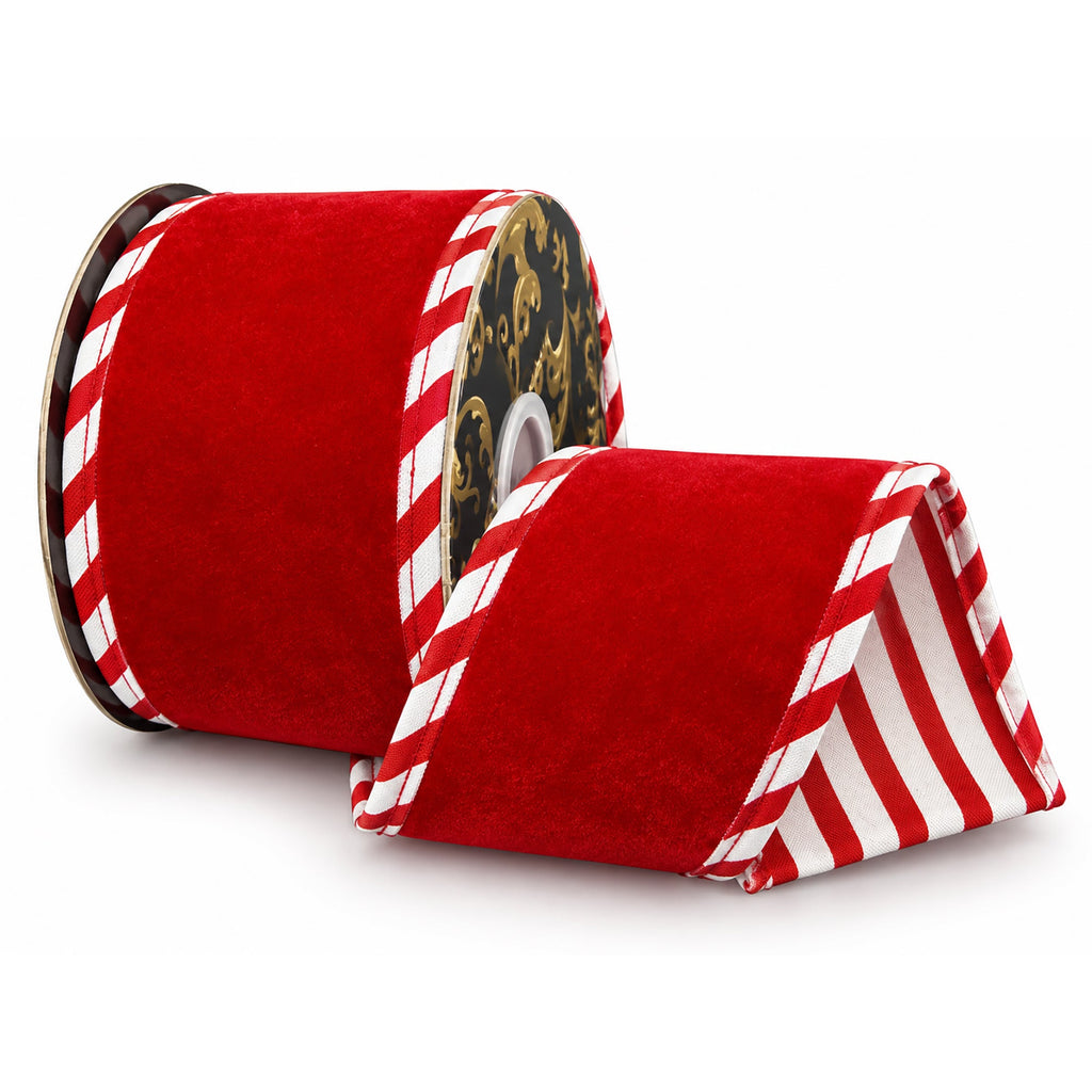 Christmas Velvet Candy Cane Stripe Premium Wired Ribbon, 4-inch, 5-yard