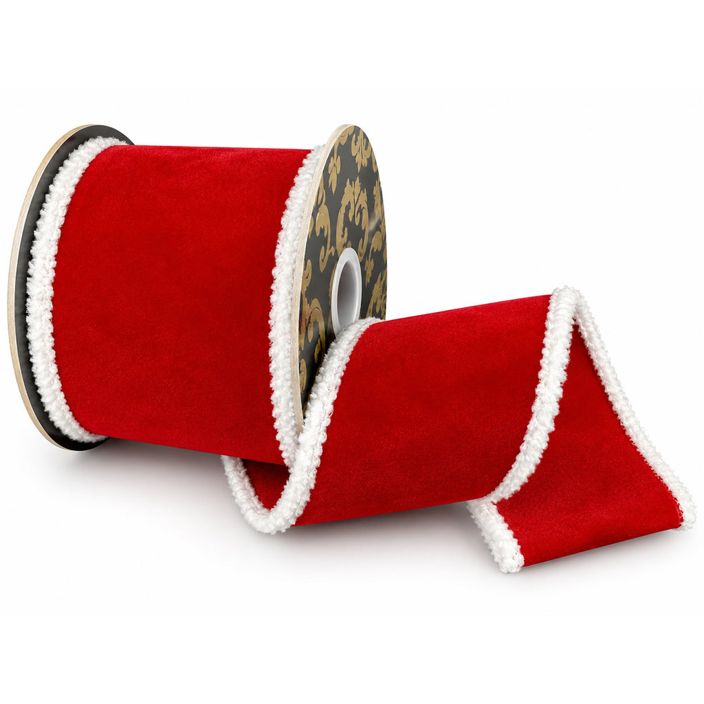 Christmas Dual Sided Velvet Snowball Edge Premium Wired Ribbon, 4-inch, 10-yard
