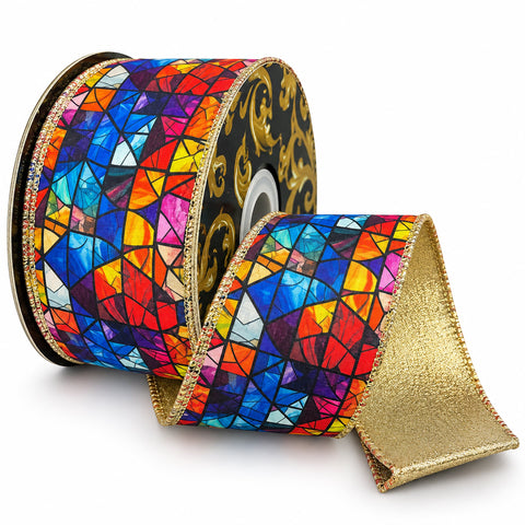 Christmas Stained Glass Dual-Sided Premium Wired Ribbon, 2-1/2-inch, 10-yard