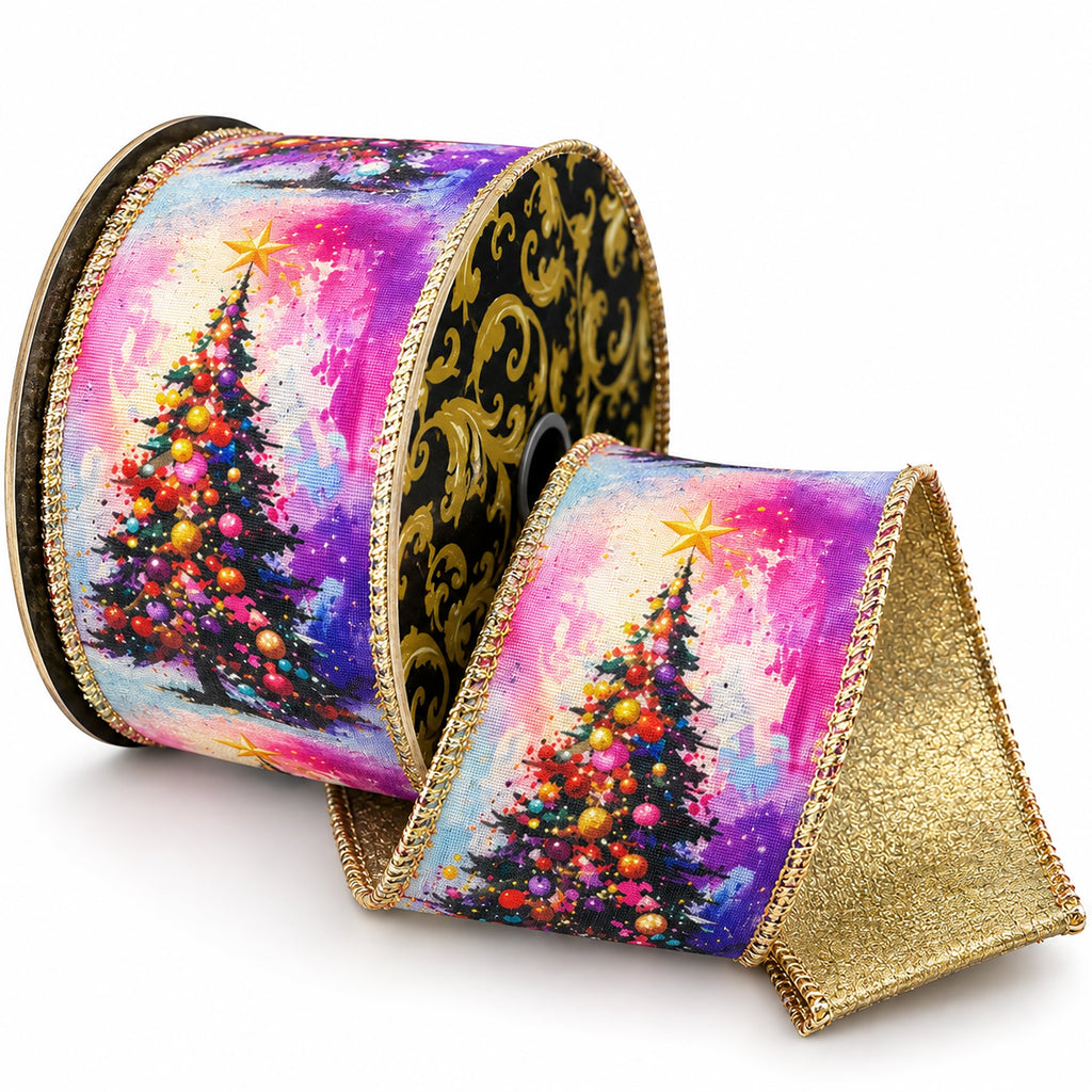 Christmas Trees Oil Painting Premium Wired Ribbon, 2-1/2-inch, 10-yard