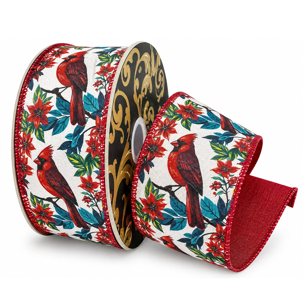 Christmas Cardinal & Poinsettia Premium Wired Ribbon, 2-1/2-inch, 10-yard