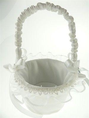 Satin Flower Girl Baskets Wedding Ceremony, 9-inch, Crochet & Lace Edge Basket, White