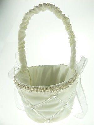 Satin Flower Girl Baskets Wedding Ceremony, 9-inch, Diamond Rhinestone Basket, Ivory