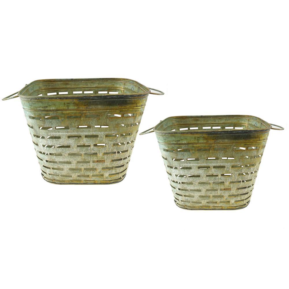 Galvanized Metal Wicker Baskets, 2-Piece