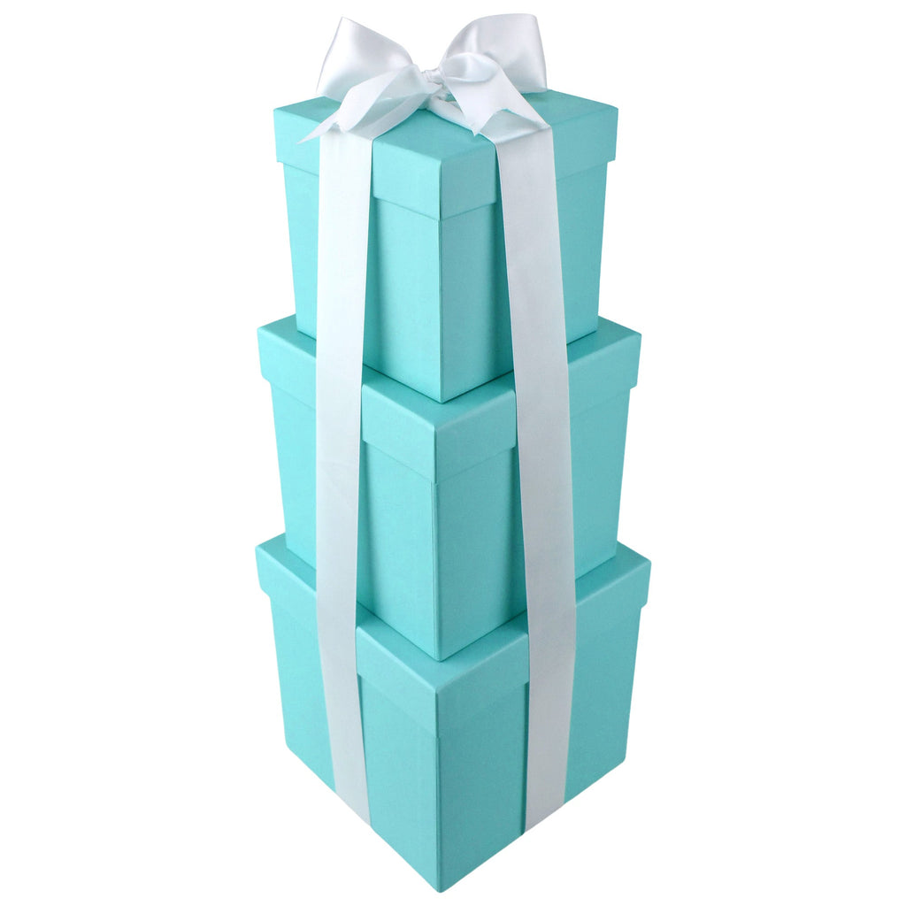 Homeford Nested Square Gift Boxes, Robin's Egg Blue, 5-inch, 6-inch, 7-inch, 3-piece, 1.5-inch White Satin Ribbon 10-yard
