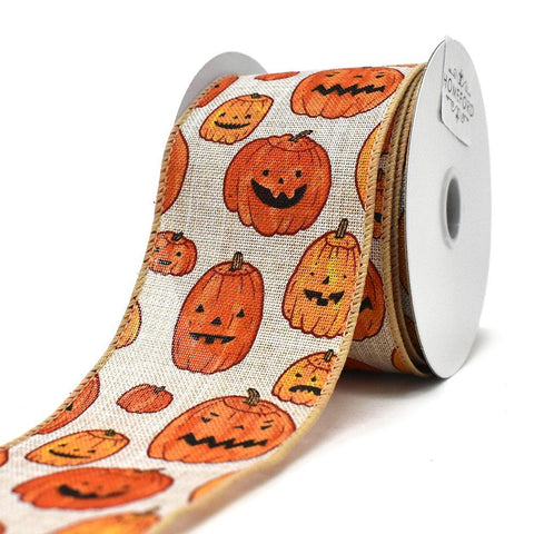 Halloween Jack O Lanterns Wired Linen Ribbon, 2-1/2-Inch, 10-Yard