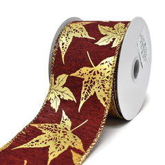 Gold Accent Leaves Wired Autumn Fall Ribbon, 2-1/2-Inch, 10-Yard