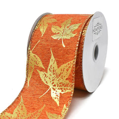 Gold Accent Leaves Wired Autumn Fall Ribbon, 2-1/2-Inch, 10-Yard