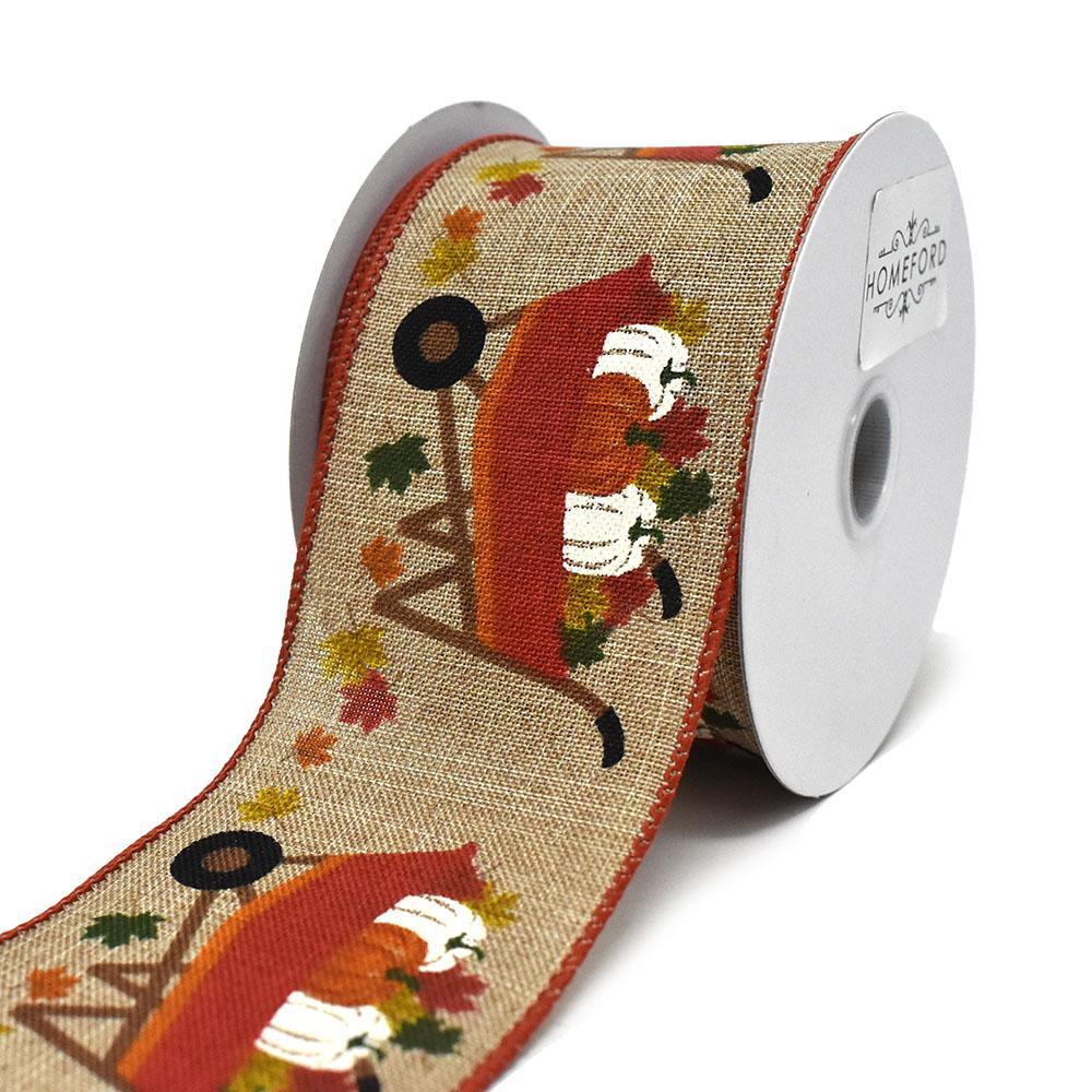 Pumpkin Harvest Wheelbarrow Wired Autumn Fall Ribbon, 2-1/2-Inch, 10-Yard