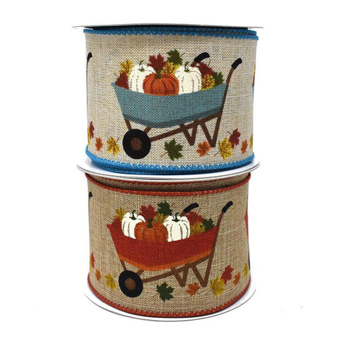 Pumpkin Harvest Wheelbarrow Wired Autumn Fall Ribbon, 2-1/2-Inch, 10-Yard