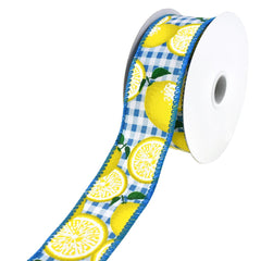 Gingham Printed Lemons Wired Ribbon, 10-yard
