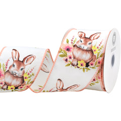 Easter Watercolor Bunnies Flowers Wired Ribbon, 10-yard