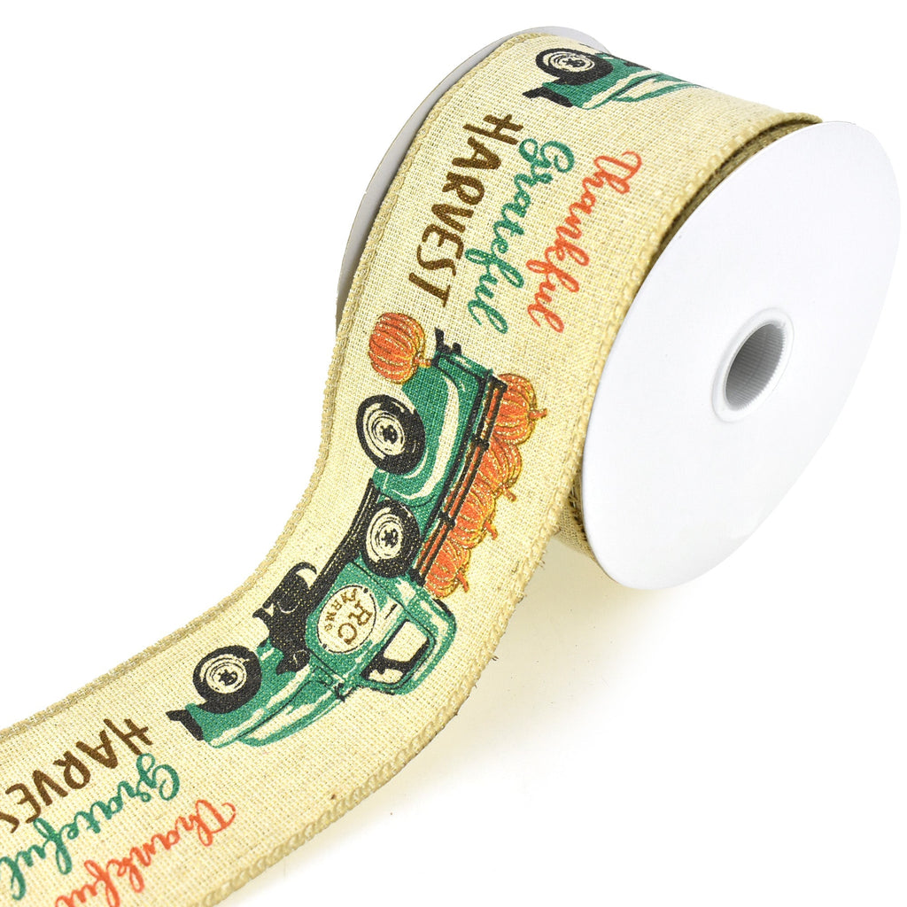 Vintage Trucks and Pumpkin Harvest Wired Autumn Fall Ribbon, 2-1/2-Inch, 10-Yard