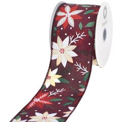 Christmas Poinsettia Berry Branch Satin Wired Ribbon, 2-1/2-inch, 10-yard