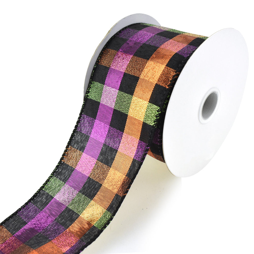 Halloween Midnight Metallic Plaid Checkered Wired Ribbon, 2-1/2-Inch, 10-Yard