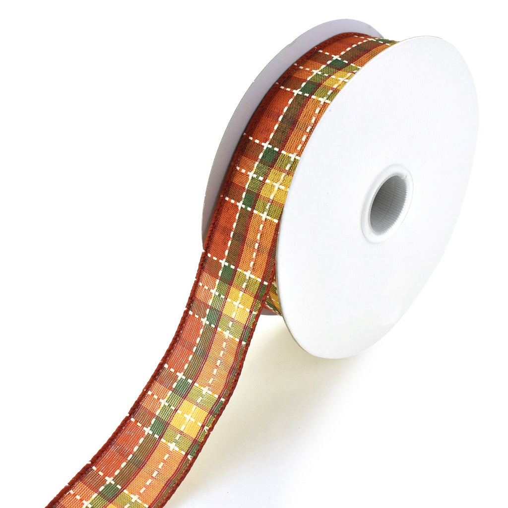 Stitched Tonal Plaid Beauty Wired Autumn Fall Ribbon, 1-1/2-Inch, 20-Yard