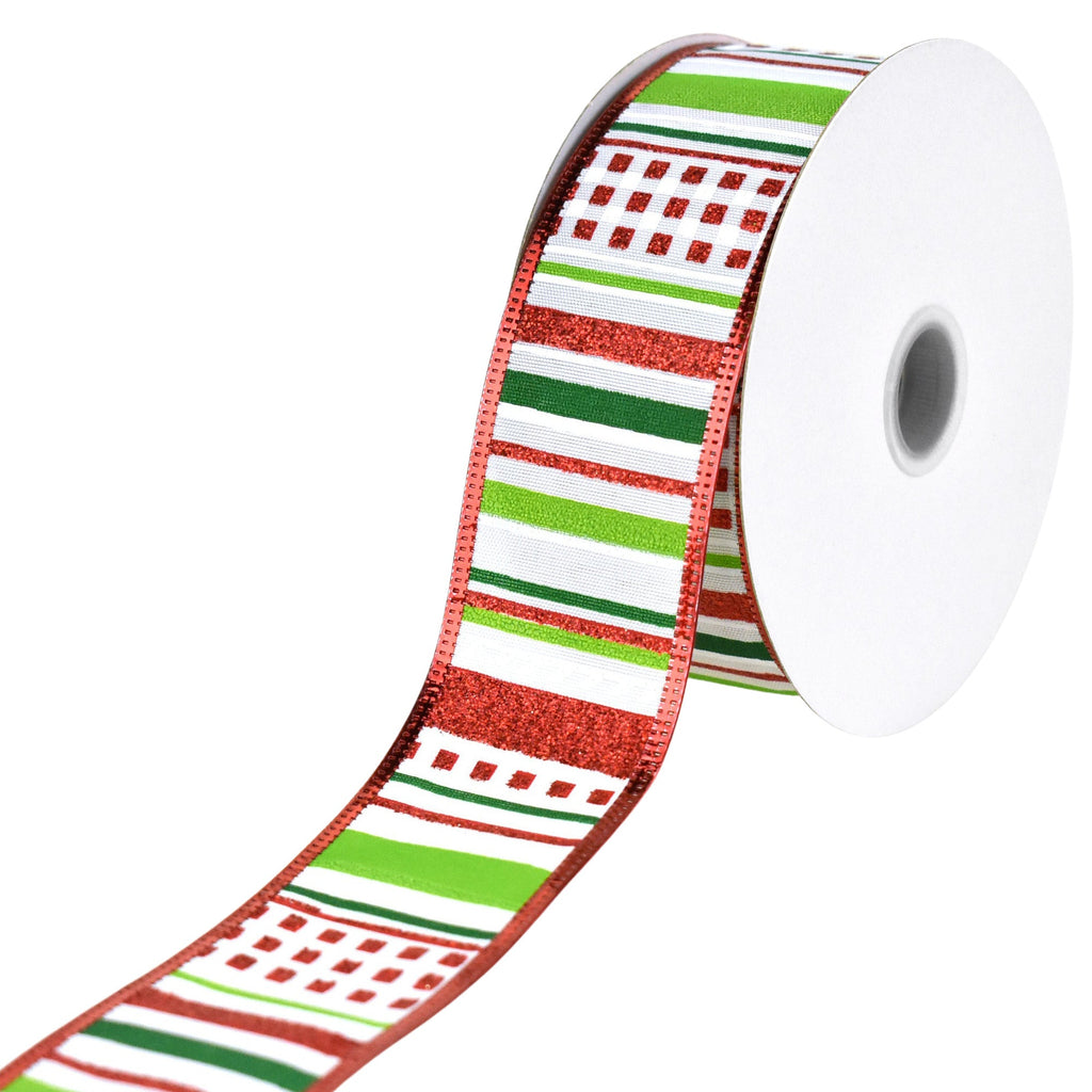 Christmas Patterned Stripes Metallic Edge Wired Ribbon, 10-yard