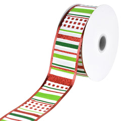 Christmas Patterned Stripes Metallic Edge Wired Ribbon, 10-yard