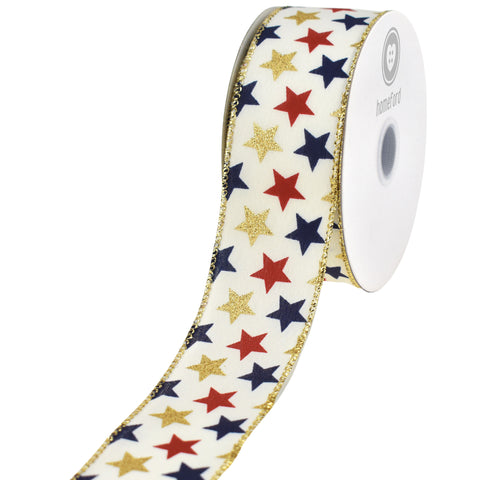 Glittered Patriotic Stars Satin Wired Ribbon, 1-1/2-inch, 10-yard