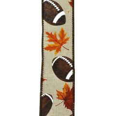 Leaves and Footballs Wired Autumn Fall Ribbon, 10-yard
