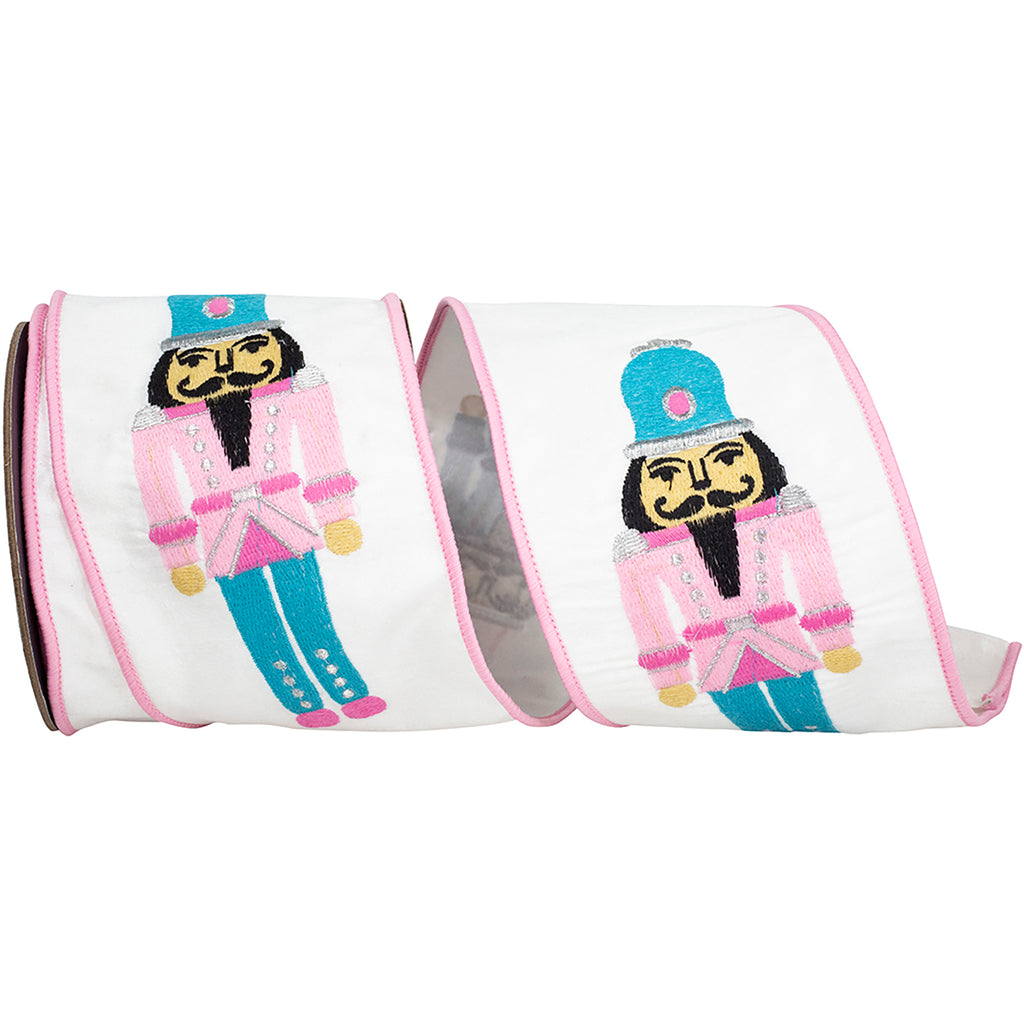 Fashion Nutcracker Embroidered Dupioni Wired Edge Ribbon, 4-inch, White/Pink, 5-yard