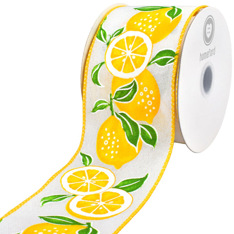 Spring Big Fresh Lemons Wired Ribbon, 2-1/2-inch, Yellow/White/Green, 10-yard